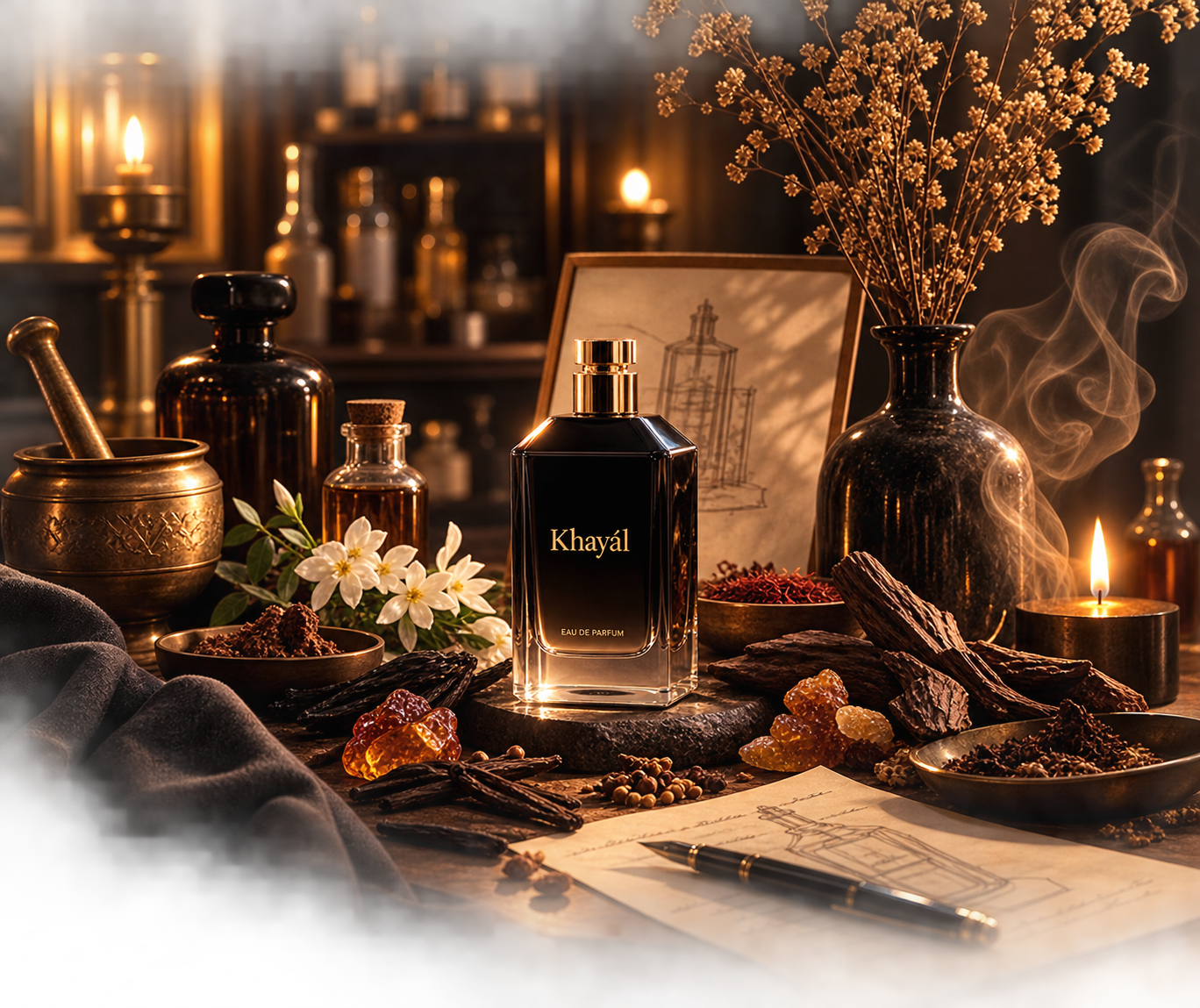 A sculptural Khayal perfume bottle in soft light
